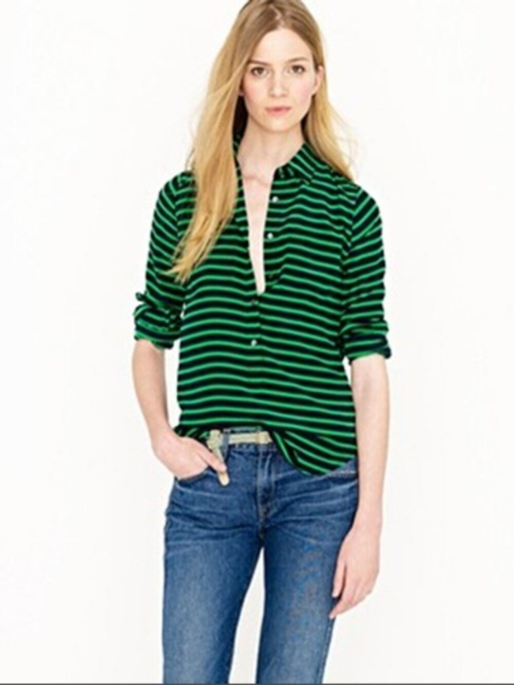 J. Crew Green and Black Striped Button-Down Silk Shirt Size 00